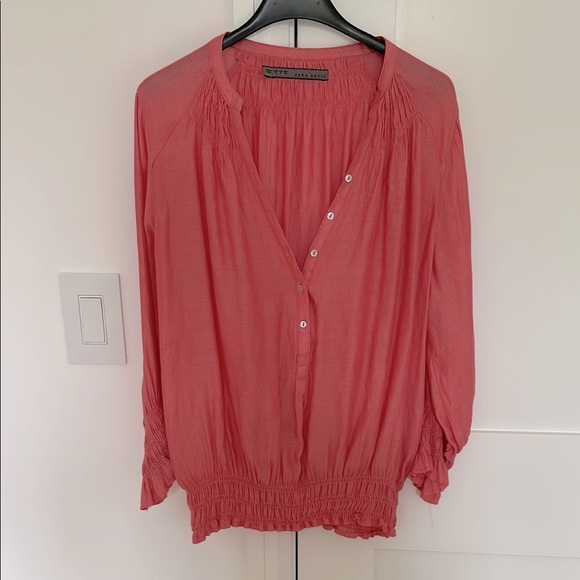 Zara Coral 3/4 Sleeve Smocked Blouse with Mandarin Collar Size Small - Picture 1 of 6
